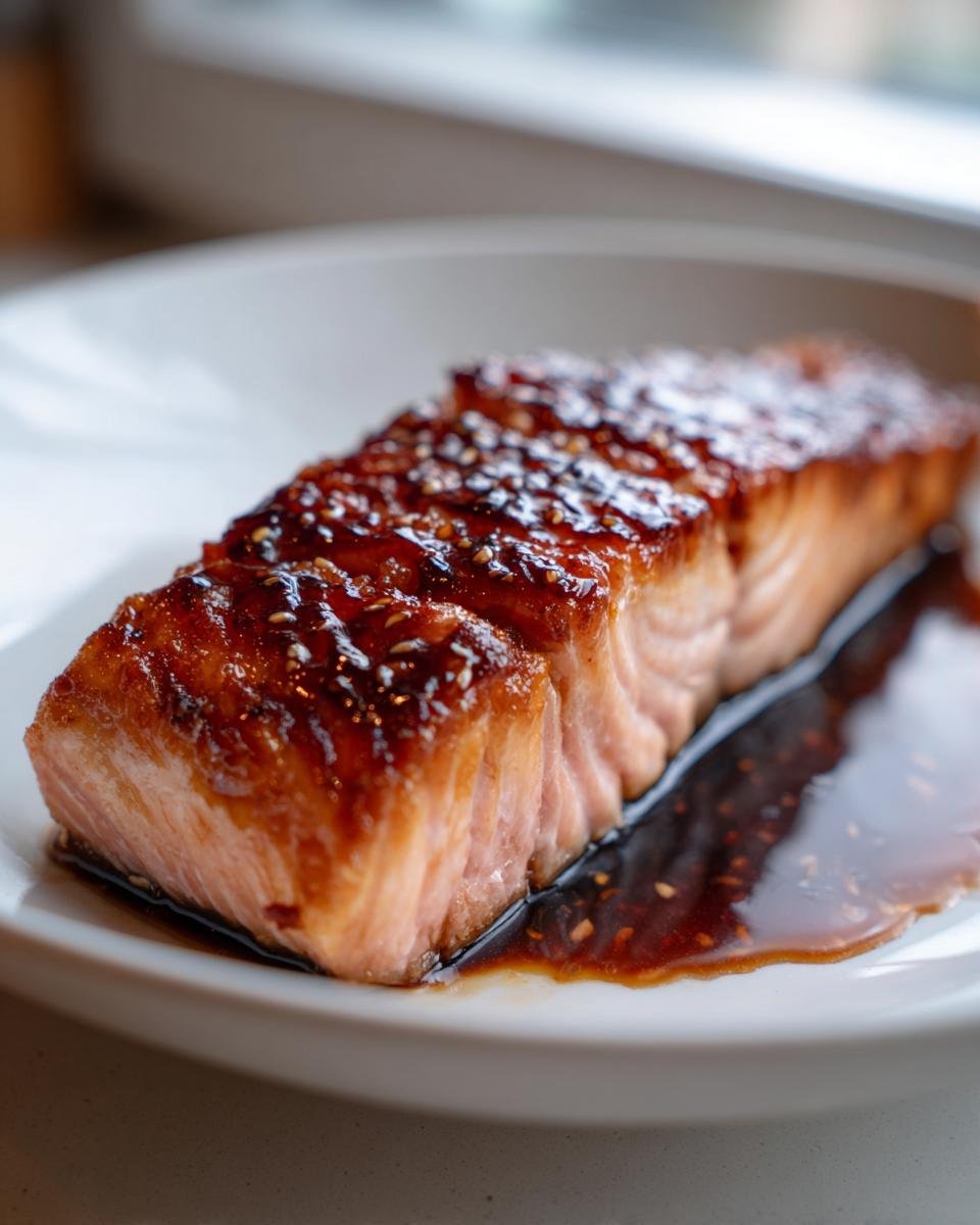 Close-up of a perfectly cooked salmon fillet glazed with sticky Honey Garlic Sauce and sesame seeds.