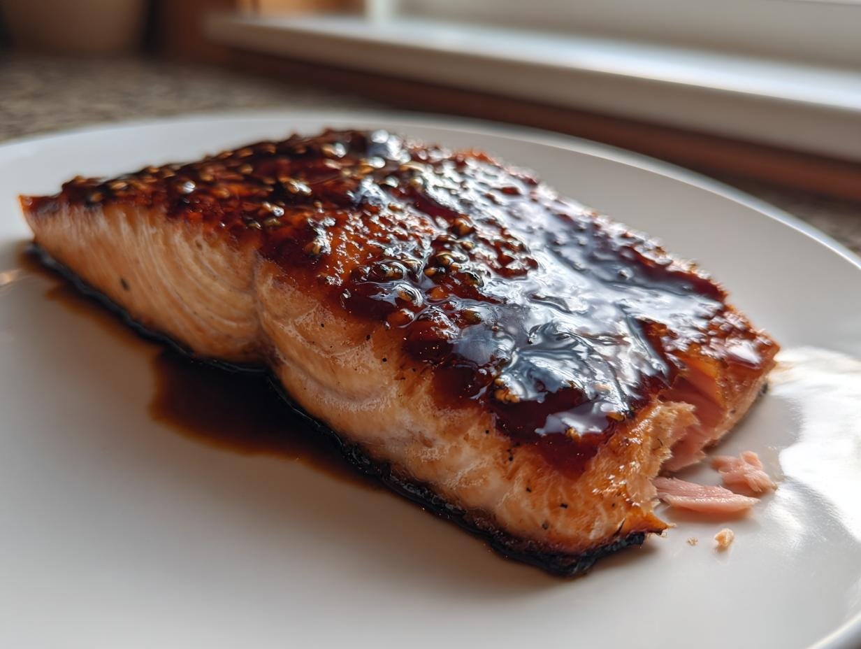 A perfectly cooked fillet of salmon coated in a thick, glossy Honey Garlic Sauce, served on a white plate.