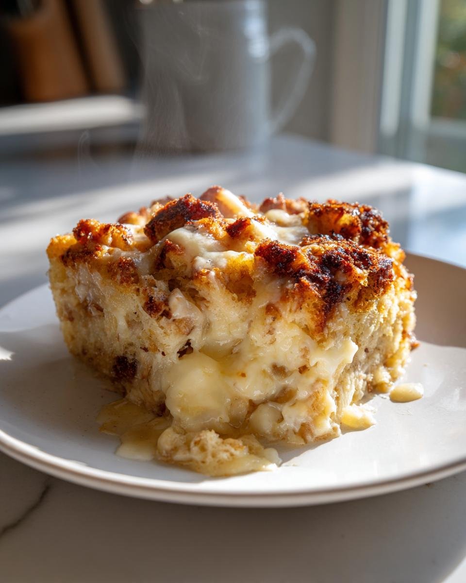 A hot, gooey slice of Chicken Stuffing Casserole with a browned top, oozing cheese sauce onto a white plate.