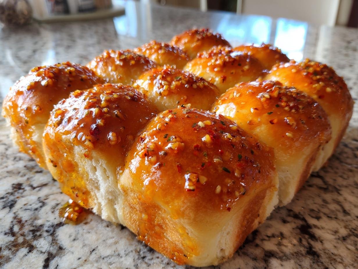 A cluster of twelve freshly baked Hot Honey Garlic Dinner Rolls, glistening with a sweet and spicy glaze.