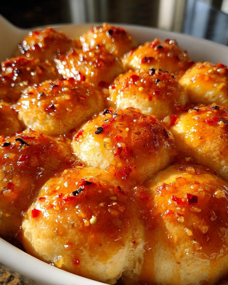 Close-up of freshly baked Hot Honey Garlic Dinner Rolls covered in a shiny, sticky glaze with visible chili flakes.