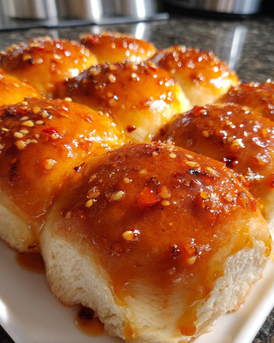 Close-up of freshly baked Hot Honey Garlic Dinner Rolls covered in a thick, glossy, orange-brown glaze with visible chili flakes and sesame seeds.