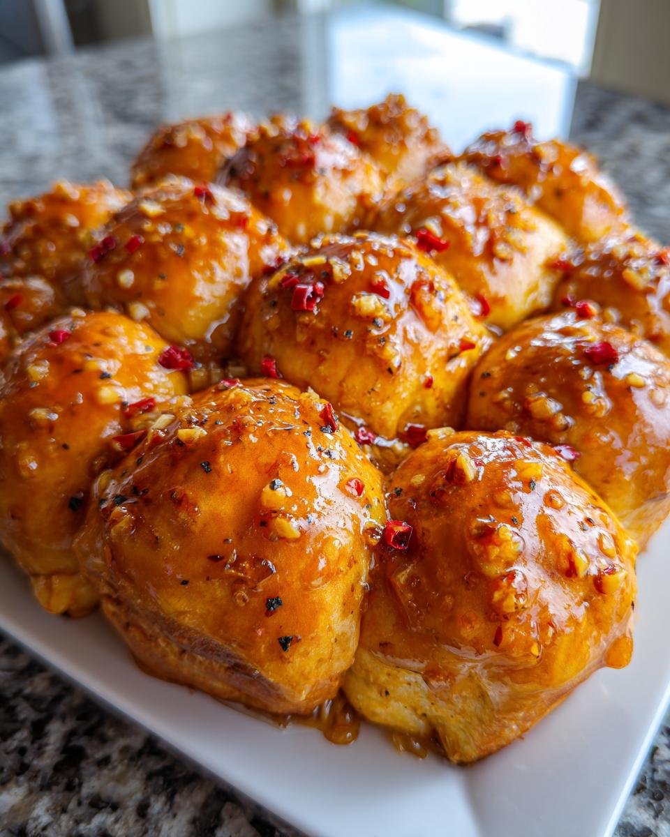 A cluster of freshly baked Hot Honey Garlic Dinner Rolls covered in a thick, glistening glaze with visible red pepper flakes.