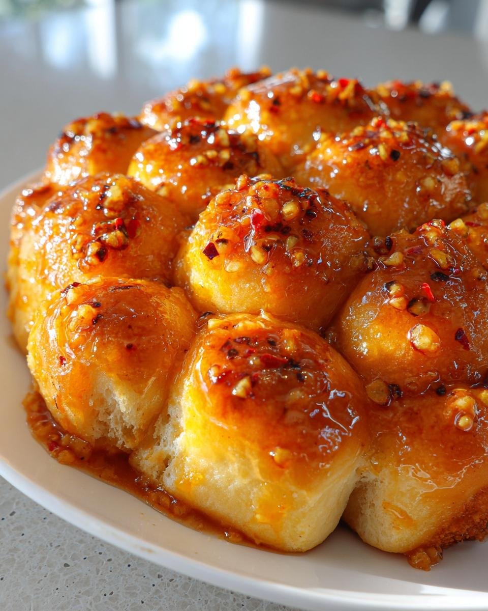 Close-up of freshly baked Hot Honey Garlic Dinner Rolls covered in a thick, shiny, spicy glaze.