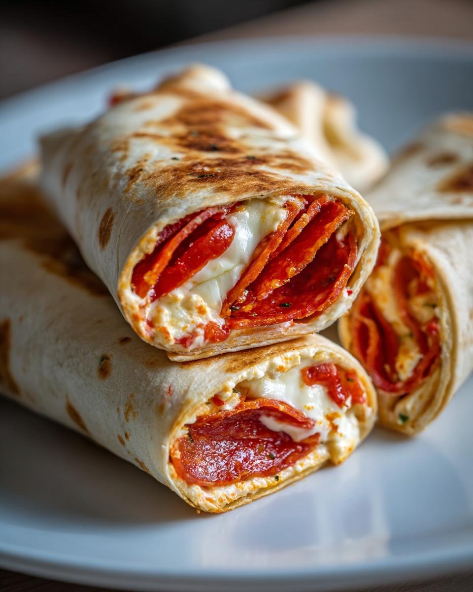 Close-up of stacked Hummus Pepperoni Pizza Wraps showing melted cheese and layers of pepperoni inside a toasted tortilla.
