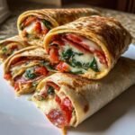 A stack of golden-brown Hummus Pepperoni Pizza Wraps cut in half, showing melted cheese, pepperoni, and spinach filling.