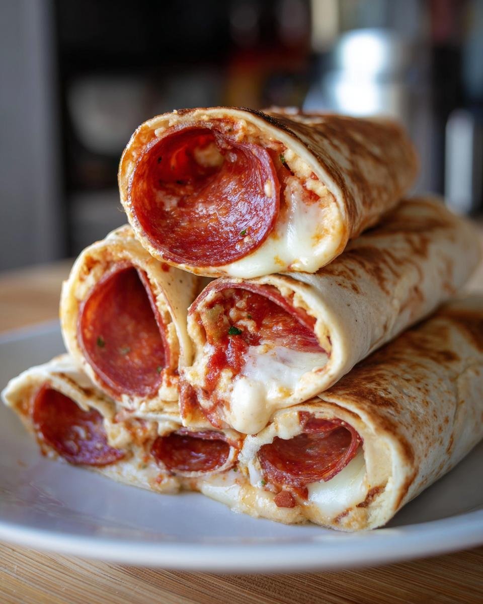 A stack of four Hummus Pepperoni Pizza Wraps cut in half, showing melted cheese and pepperoni inside.