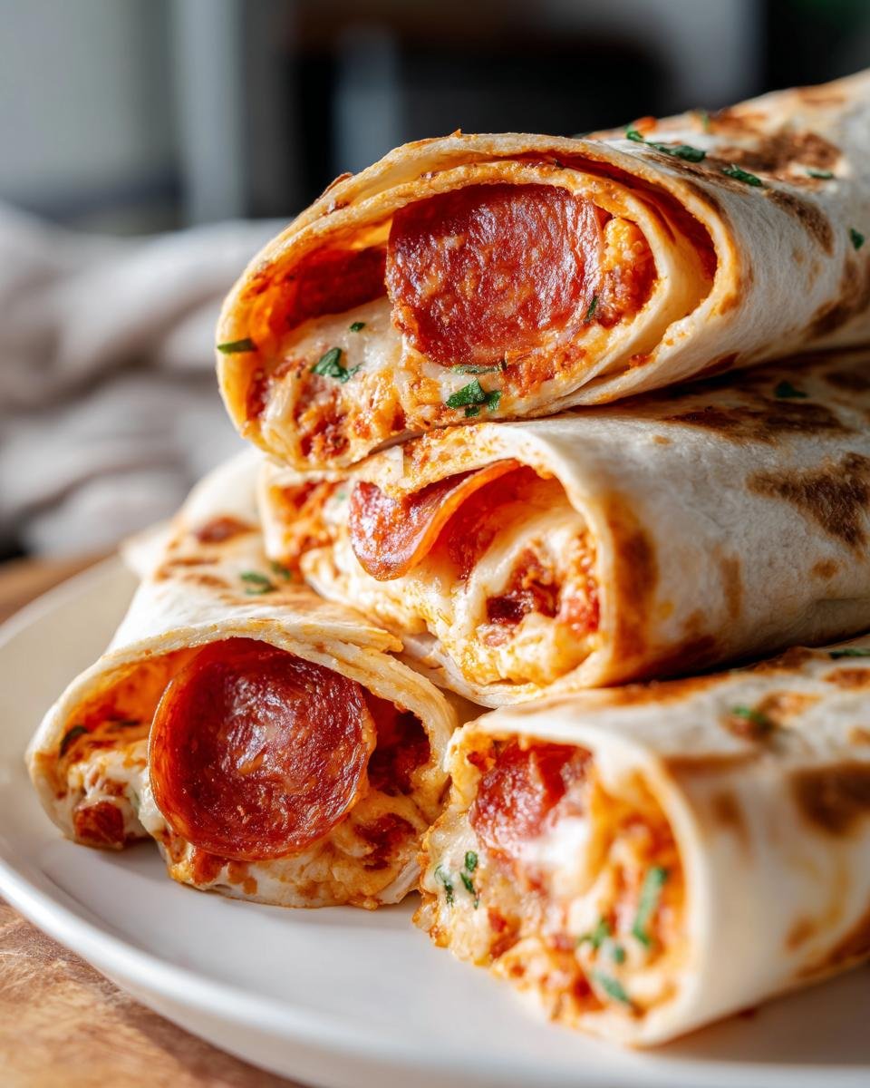 A stack of four delicious Hummus Pepperoni Pizza Wraps, showing melted cheese and pepperoni inside the tortilla.