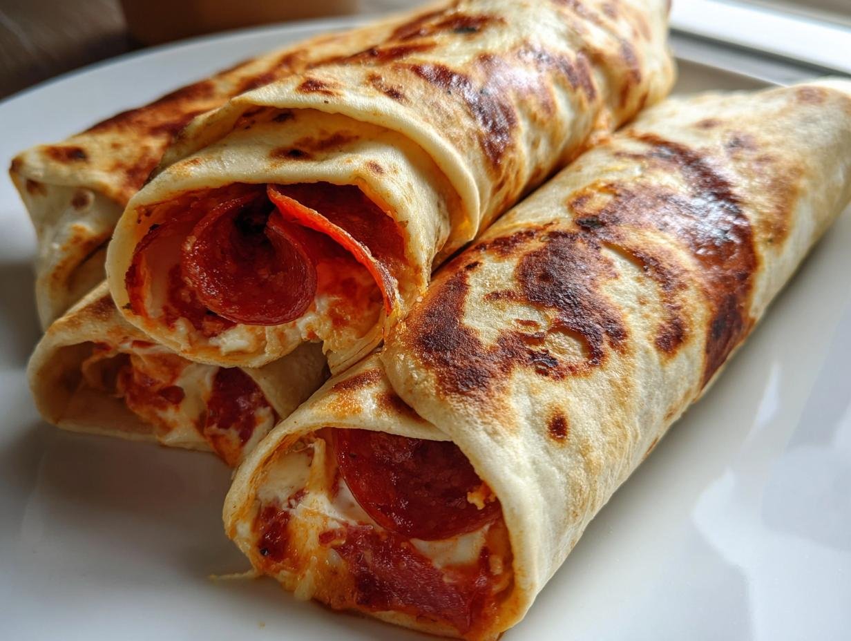 Three golden-brown Hummus Pepperoni Pizza Wraps stacked on a white plate, showing melted cheese and pepperoni inside.
