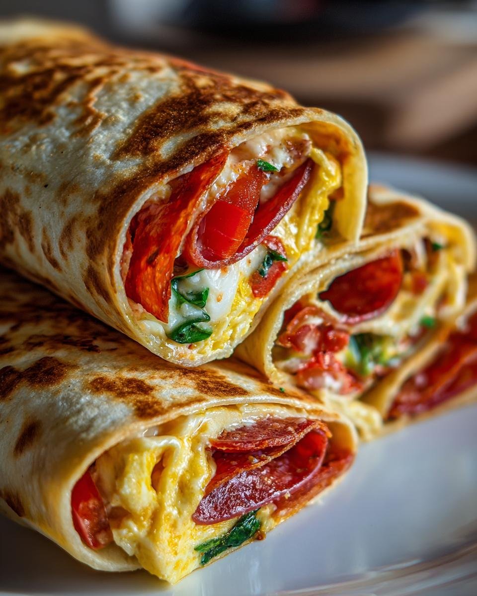 Close-up of stacked, grilled Hummus Pepperoni Pizza Wraps filled with pepperoni, cheese, and spinach.