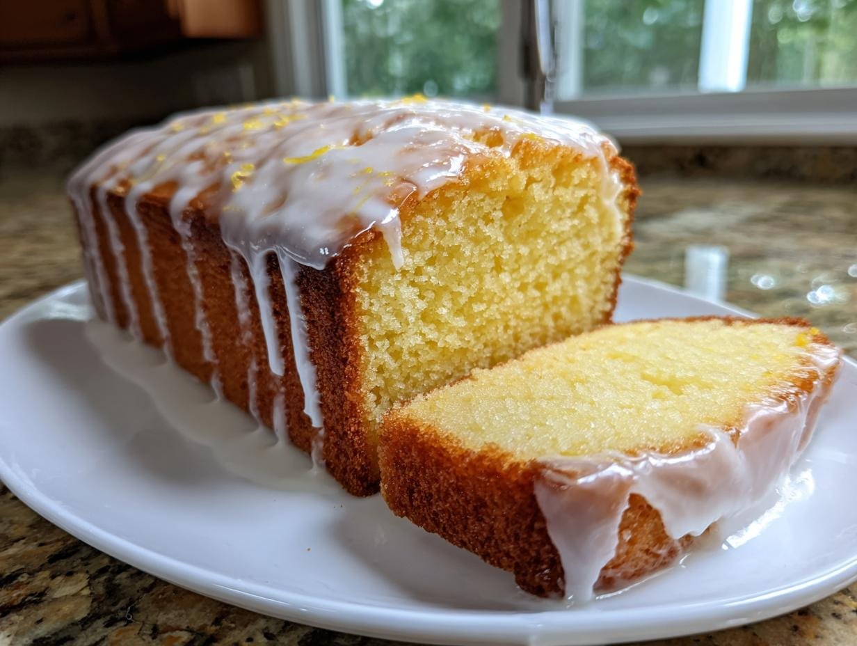 A loaf of Iced Lemon Loaf Pound Cake, sliced to show the moist interior, covered in white lemon glaze.