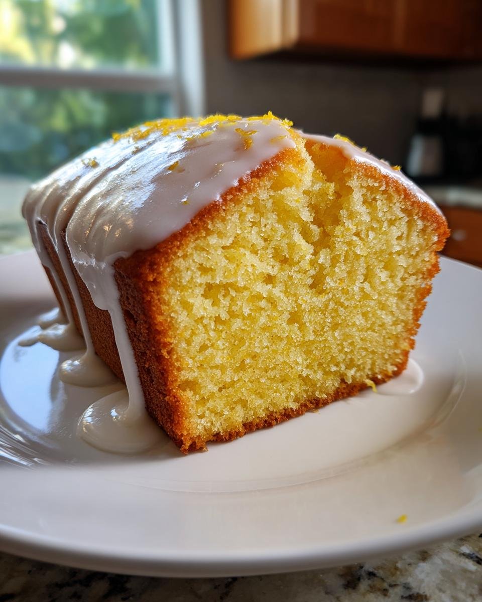 A close-up of a moist slice of Iced Lemon Loaf Pound Cake topped with white glaze and lemon zest.