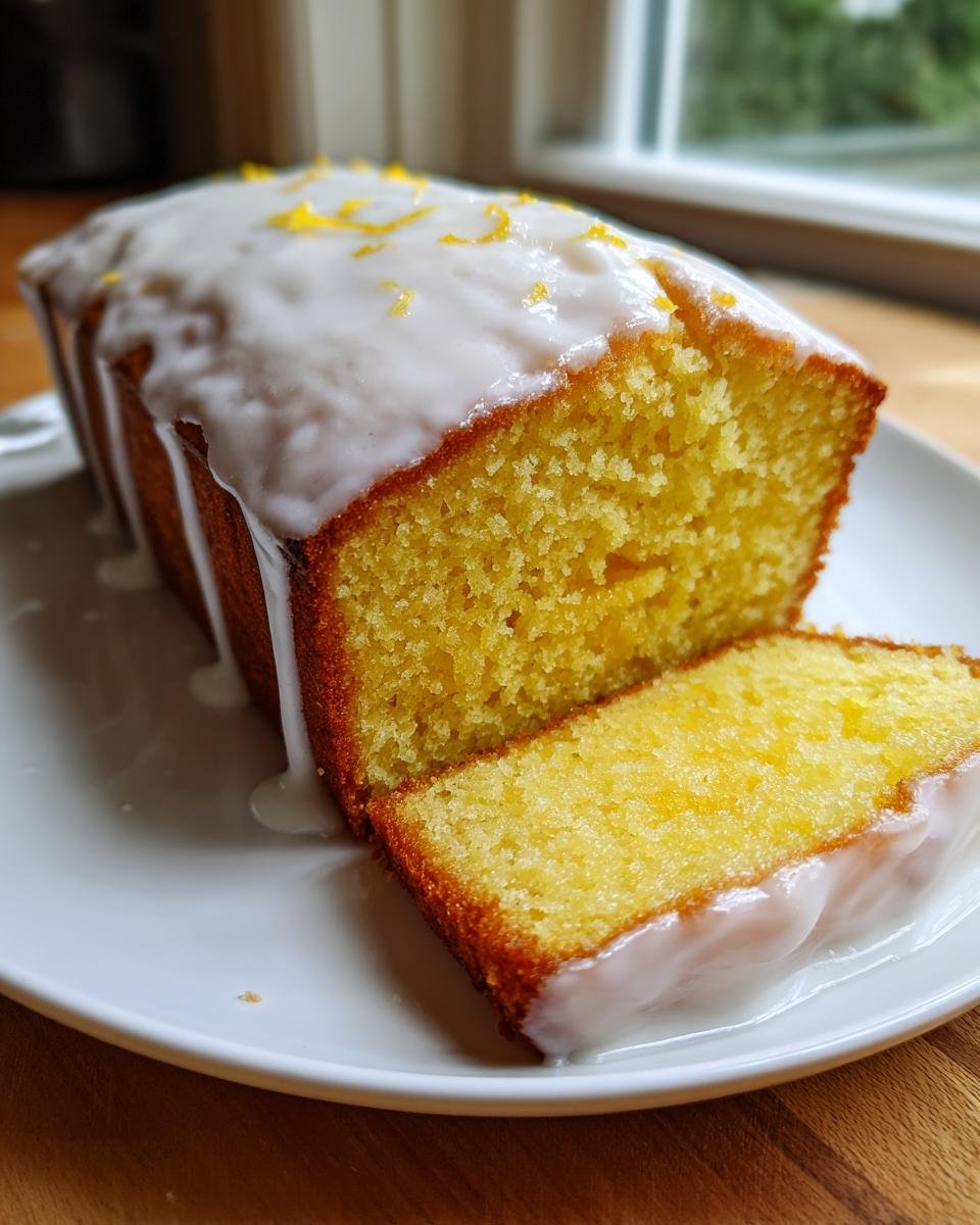 A moist Iced Lemon Loaf Pound Cake with a slice cut and resting next to the main loaf on a white plate.
