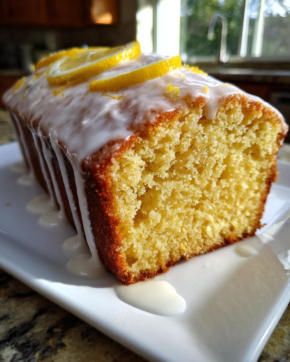 A slice of moist Iced Lemon Loaf Pound Cake with thick white glaze and lemon slices on top.