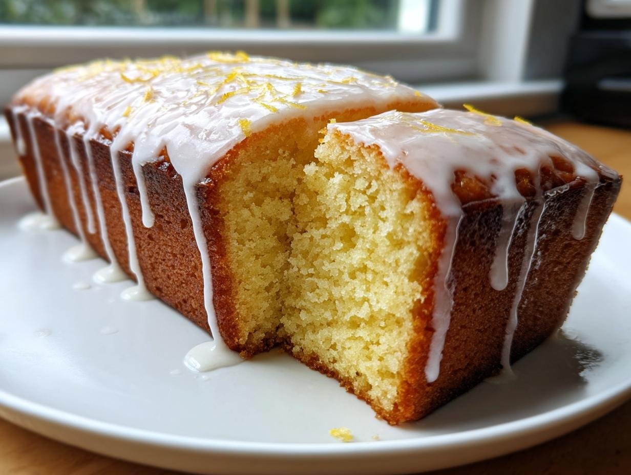 Close-up of a golden Iced Lemon Loaf Pound Cake with a slice cut out, showing the crumb and dripping white glaze.
