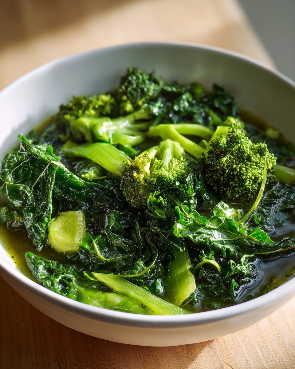 Close-up of a white bowl filled with vibrant green Immune Boosting Green Veggie Swamp Soup featuring broccoli florets and kale.