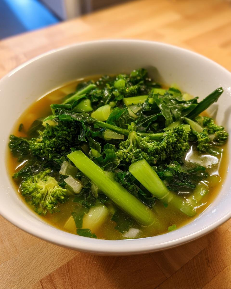 Close-up of a white bowl filled with Immune Boosting Green Veggie Swamp Soup, featuring bright green broccoli florets and celery stalks in broth.