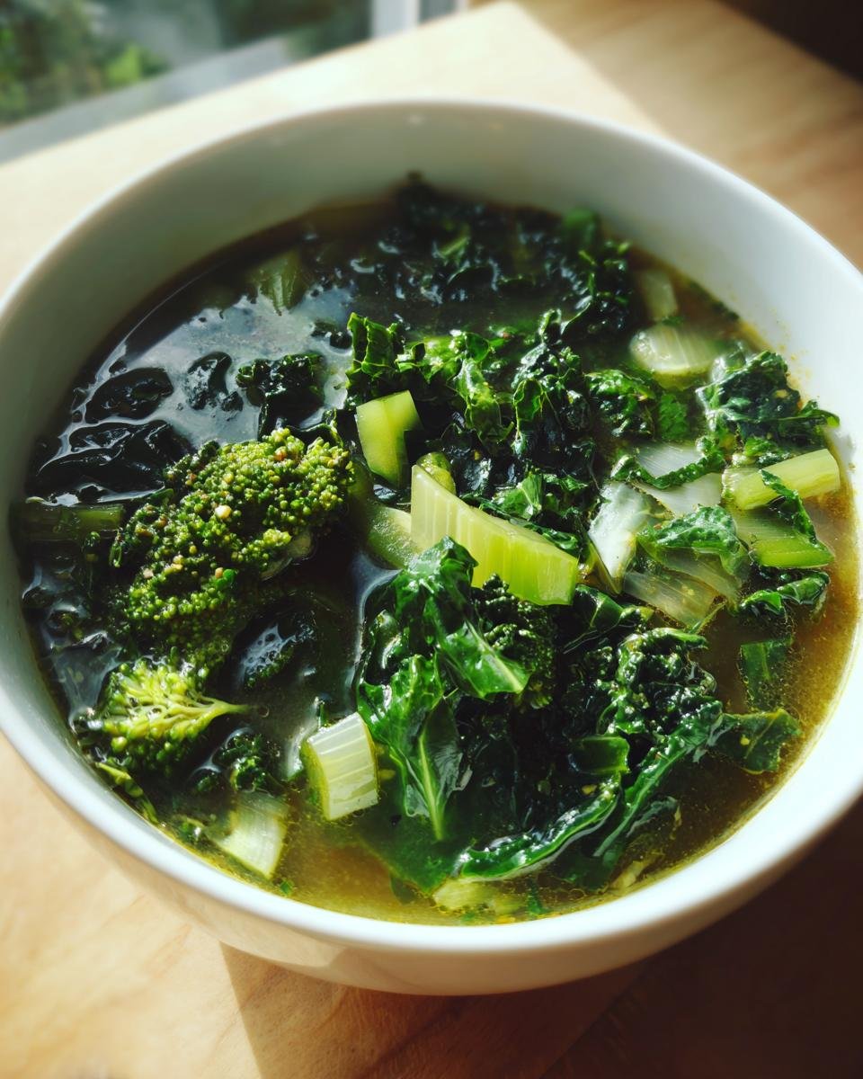 Close-up of a white bowl filled with Immune Boosting Green Veggie Swamp Soup featuring kale, broccoli, and celery pieces.