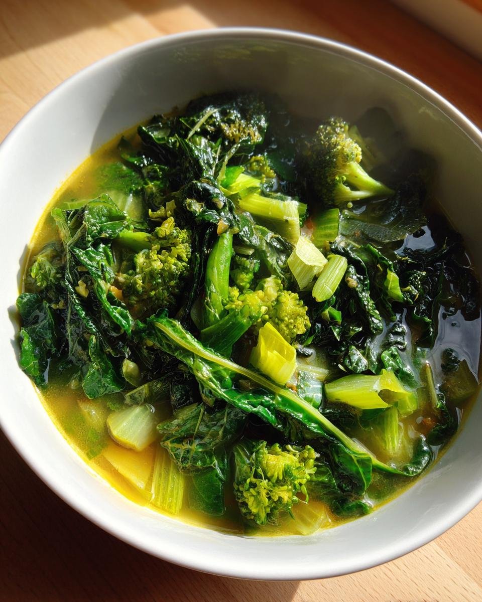 Close-up of a white bowl filled with vibrant green Immune Boosting Green Veggie Swamp Soup, featuring broccoli and leafy greens in a yellow broth.