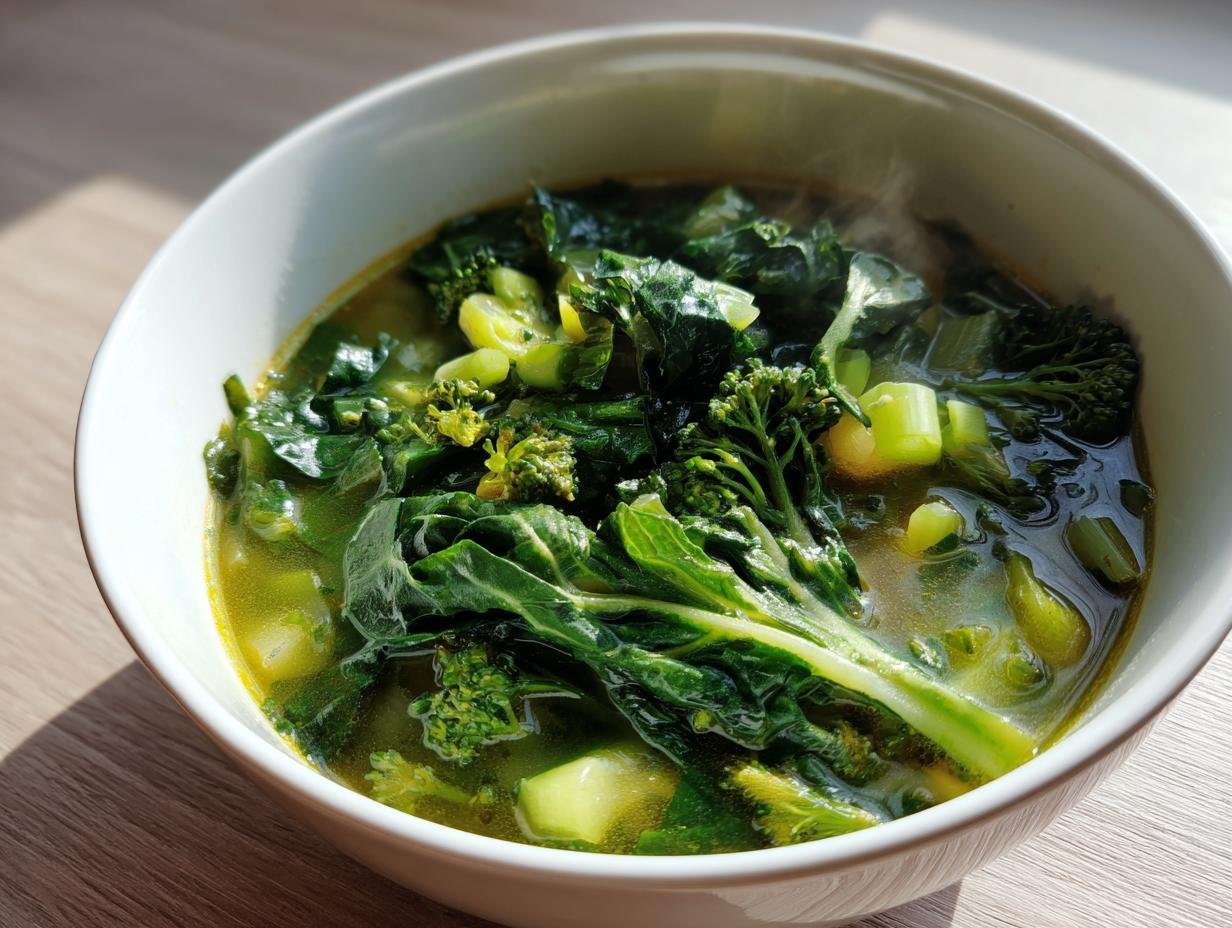Close-up of hot Immune Boosting Green Veggie Swamp Soup loaded with dark green leafy vegetables and broccoli florets.