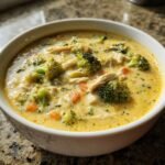 Close-up of a bowl of creamy Instant Pot Broccoli Cheese Soup With Chicken, featuring chunks of chicken, broccoli florets, and carrots.