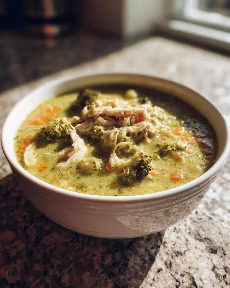 A close-up of creamy Instant Pot Broccoli Cheese Soup With Chicken topped with shredded chicken and broccoli florets.