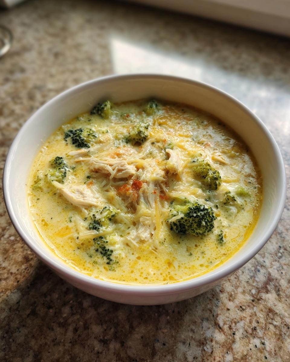 Close-up of a white bowl filled with creamy Instant Pot Broccoli Cheese Soup With Chicken, topped with shredded cheese.