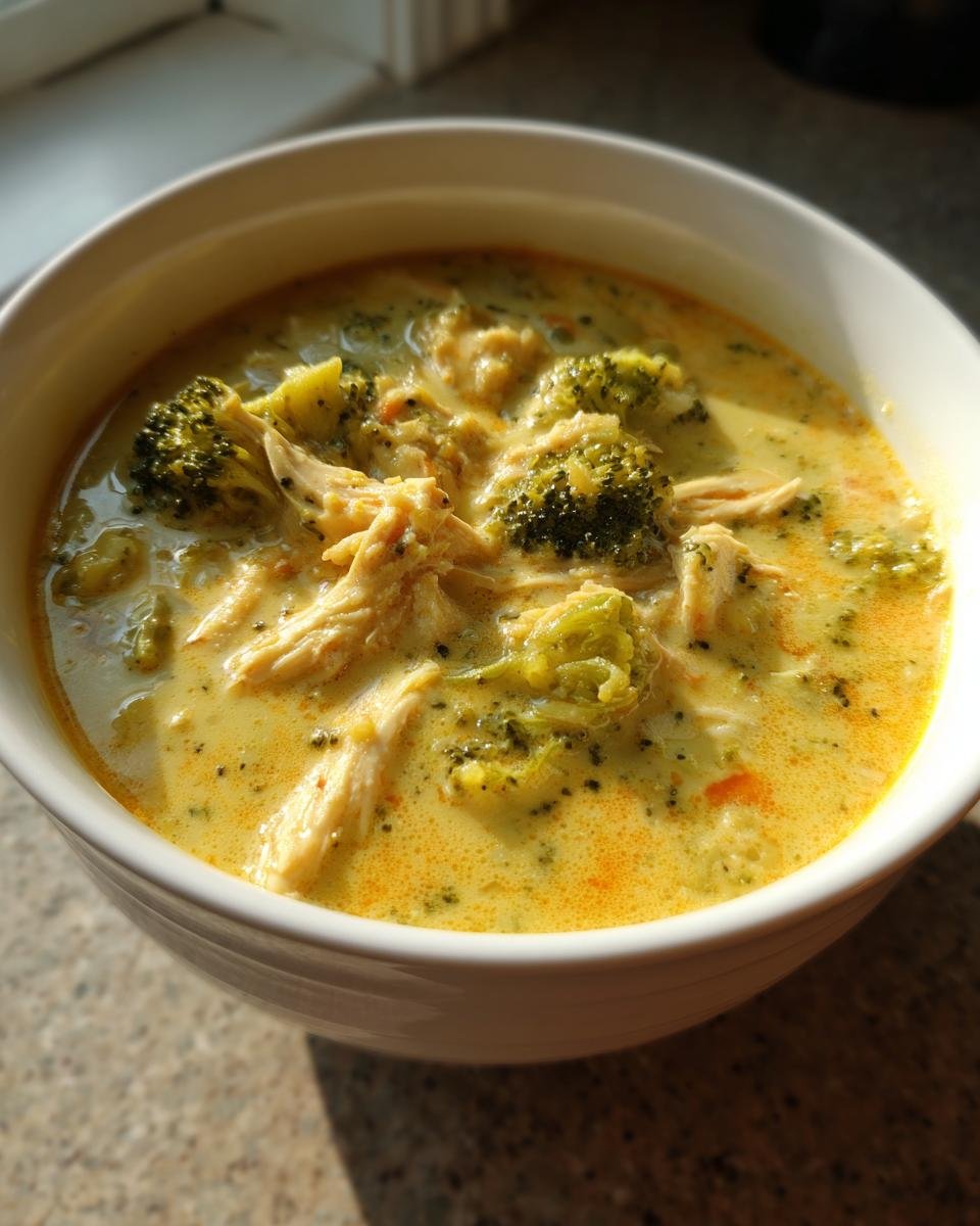 Close-up of a creamy, yellow Instant Pot Broccoli Cheese Soup With Chicken in a white bowl.