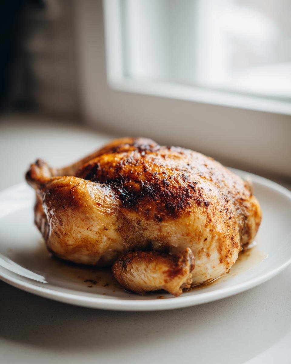 A beautifully browned, whole roasted chicken resting on a white plate, ready to serve after being cooked as an Instant Pot Whole Chicken.
