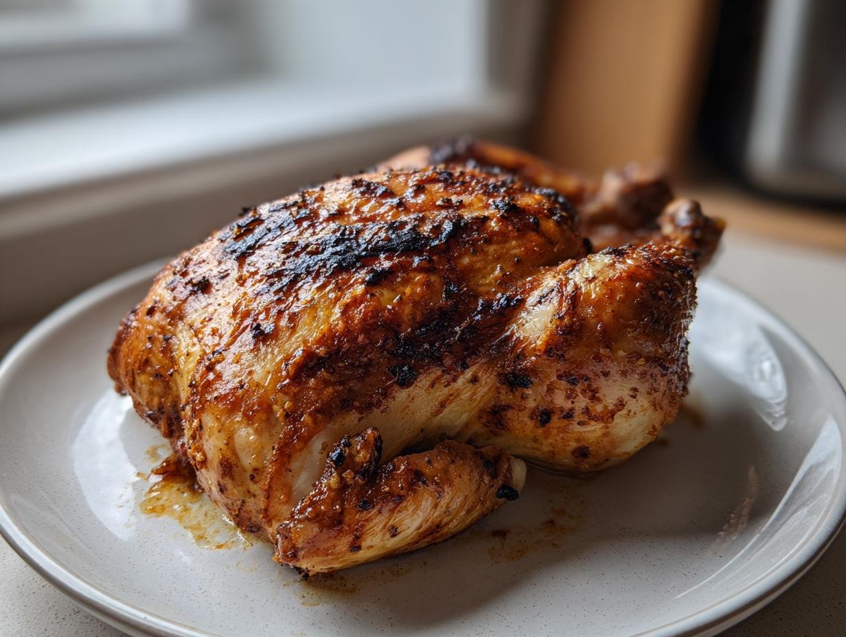 A beautifully browned and slightly charred Instant Pot Whole Chicken resting on a light-colored plate.