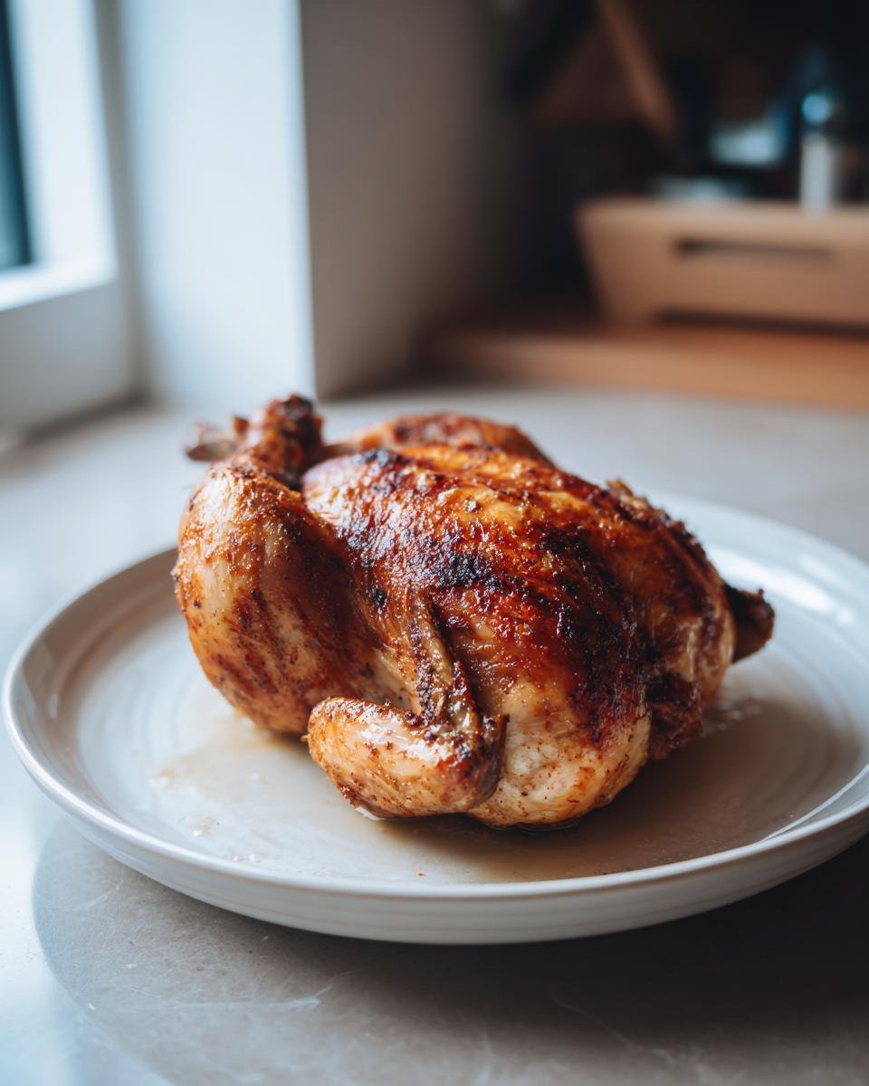 A golden brown, crispy-skinned Instant Pot Whole Chicken resting on a light-colored serving plate.