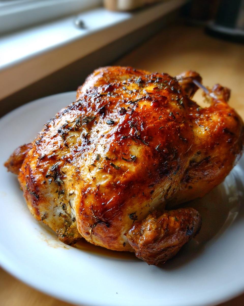 A golden-brown, glistening whole chicken seasoned with herbs, ready to serve after being cooked as an Instant Pot Whole Chicken.