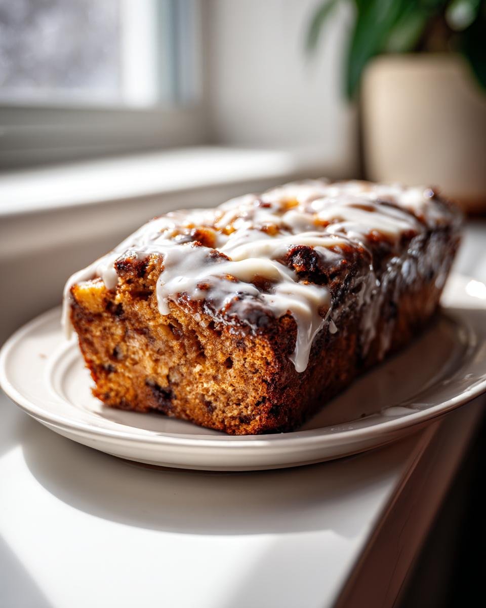 A freshly baked loaf of Irresistible Amish Apple Fritter Bread drizzled with white icing, resting on a white plate.