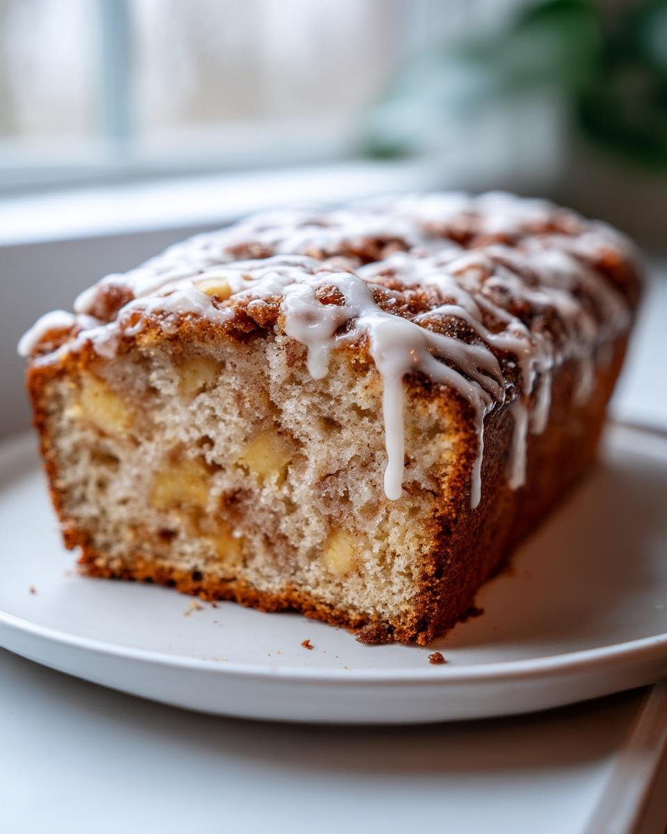 A freshly baked loaf of Irresistible Amish Apple Fritter Bread Recipe To Try Now, drizzled with white icing.