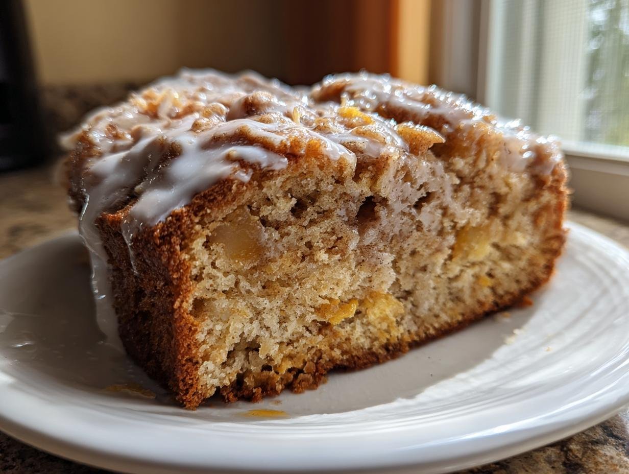 Close-up of a slice of Irresistible Amish Apple Fritter Bread, showing moist crumb, apple chunks, and thick white glaze.