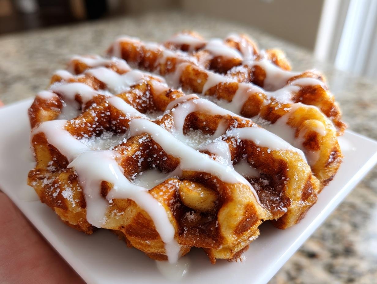 Close-up of an Irresistible Apple Fritter Waffle Donut drizzled with white icing and sprinkled with sugar.