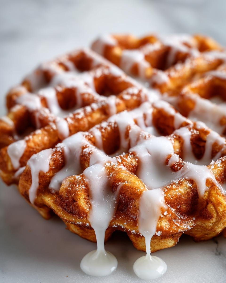 Close-up of an Irresistible Apple Fritter Waffle Donut drizzled with thick white icing.