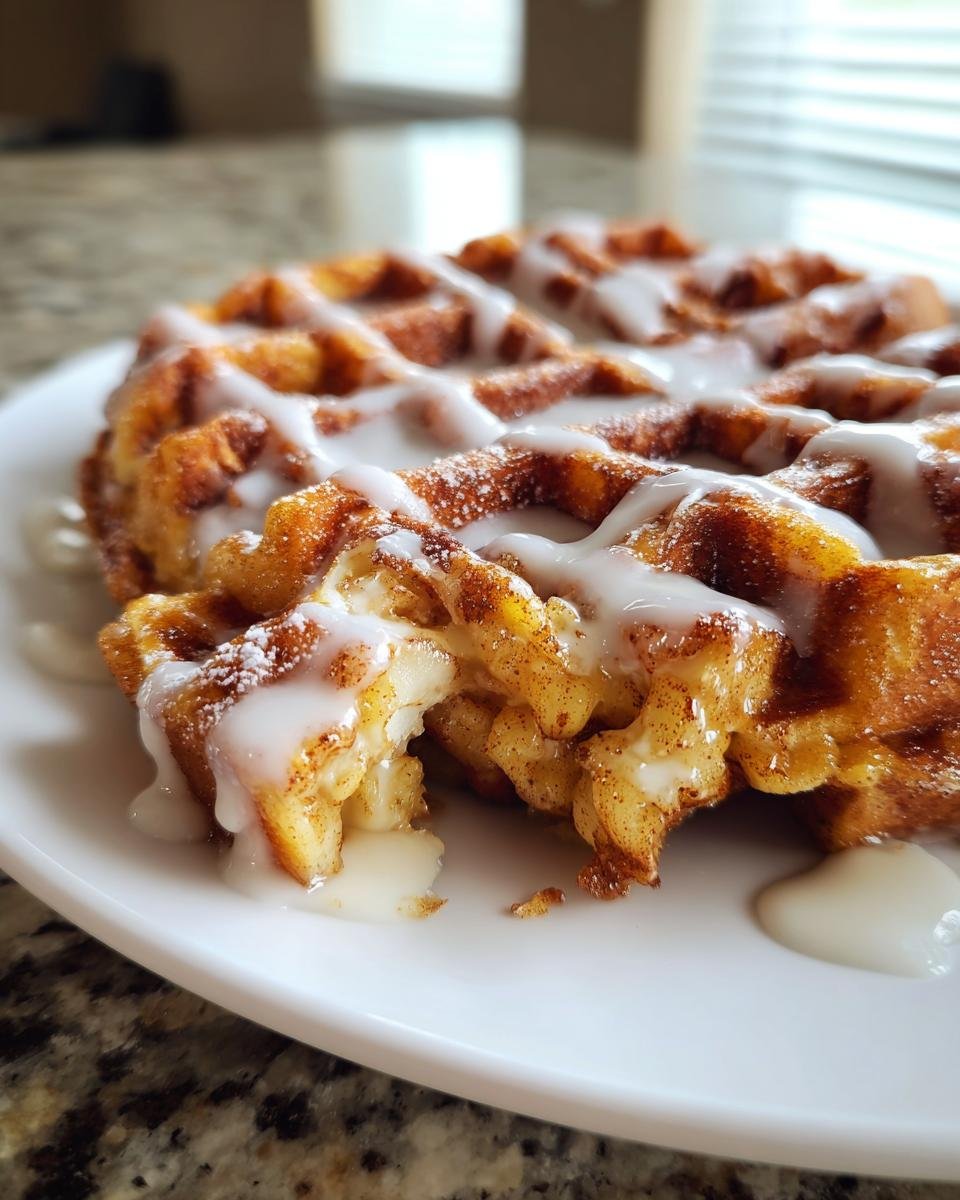 A close-up of an Irresistible Apple Fritter Waffle Donut drizzled heavily with white glaze.