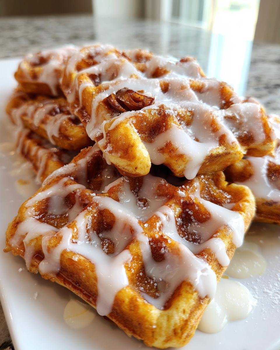 Close-up of stacked Irresistible Apple Fritter Waffle Donuts drizzled generously with white vanilla glaze.