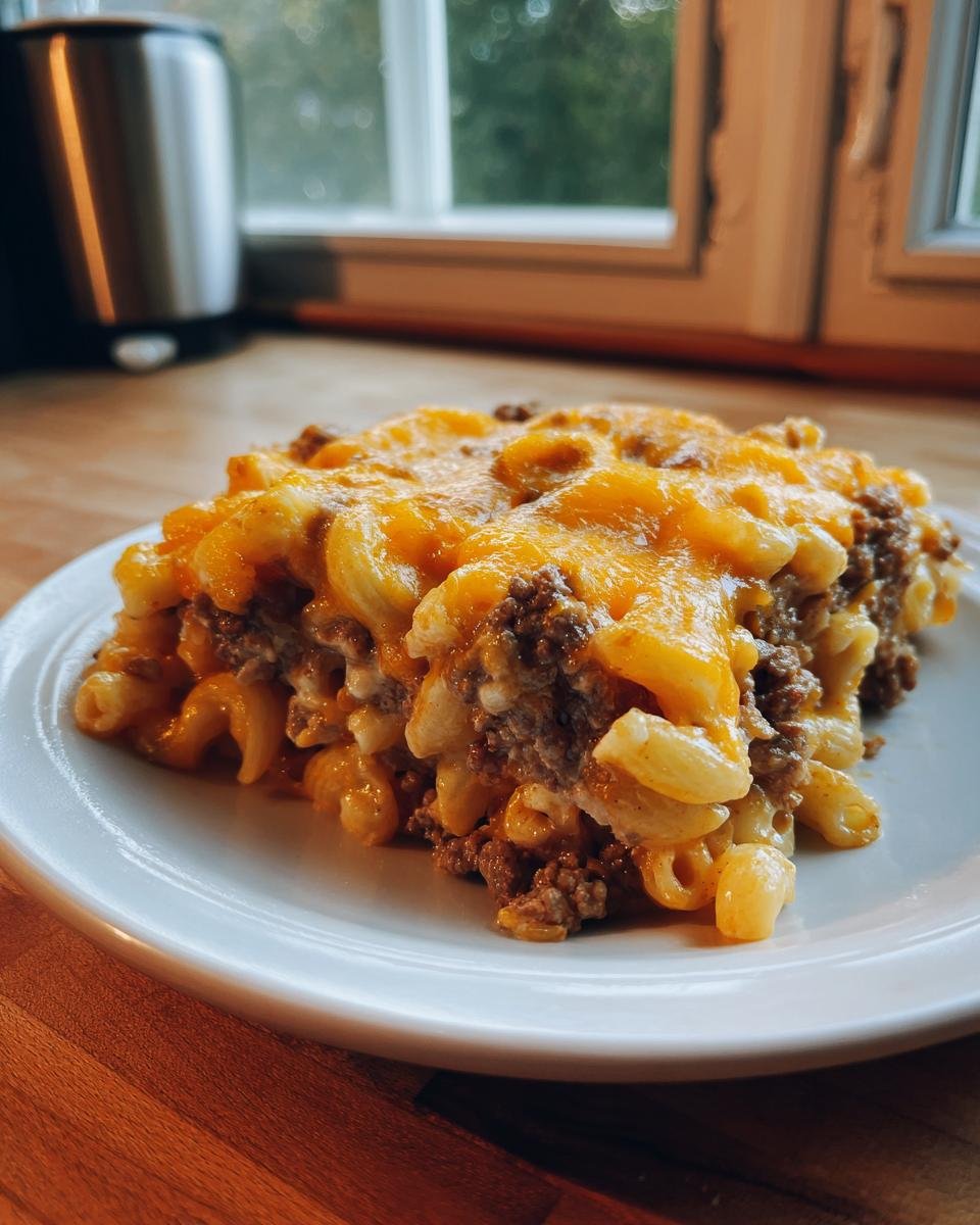A hearty serving of Irresistible Bacon Cheeseburger Casserole Recipe Delight topped with melted cheddar cheese.