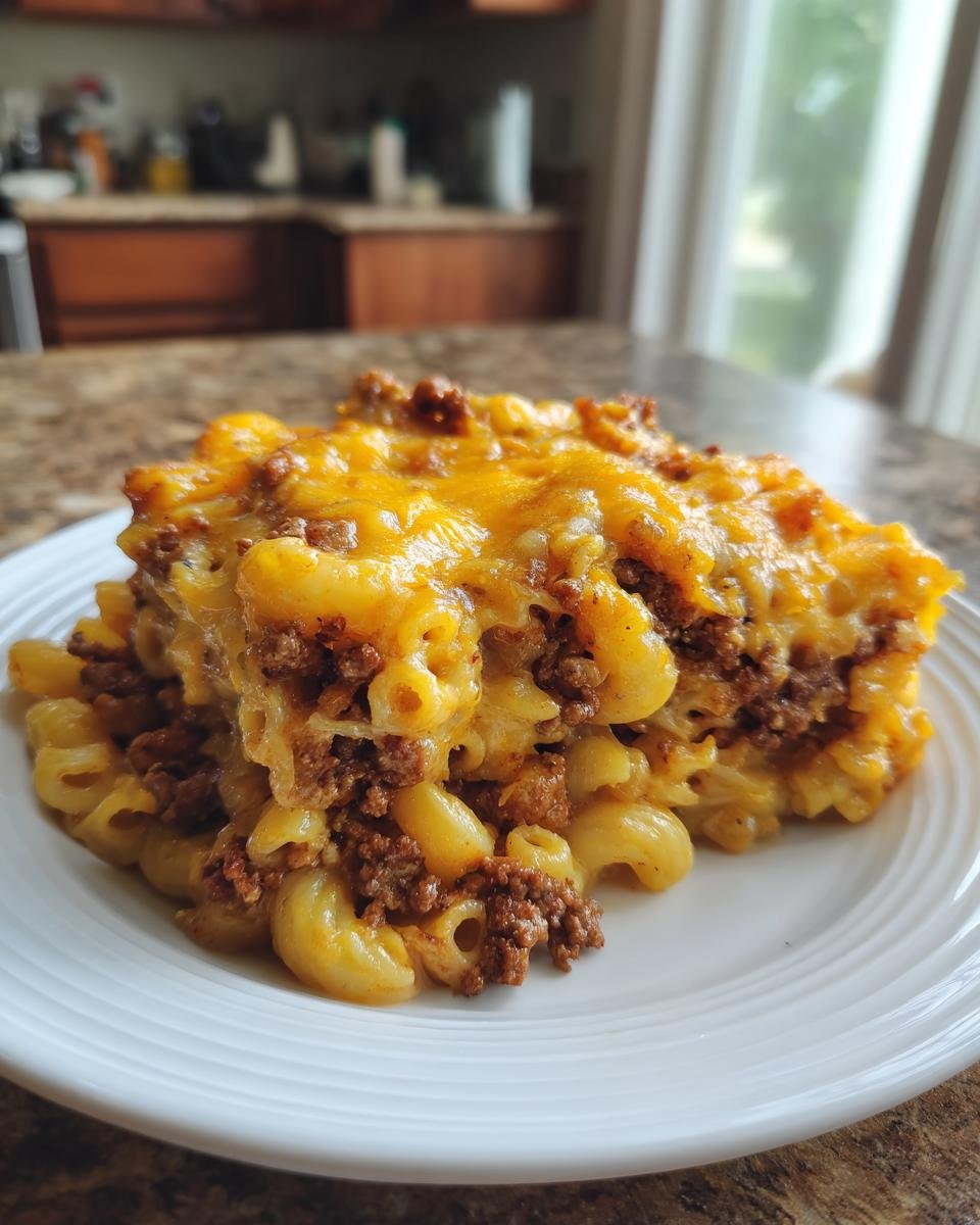 A hearty serving of Irresistible Bacon Cheeseburger Casserole featuring elbow macaroni, seasoned ground beef, and melted cheddar cheese.