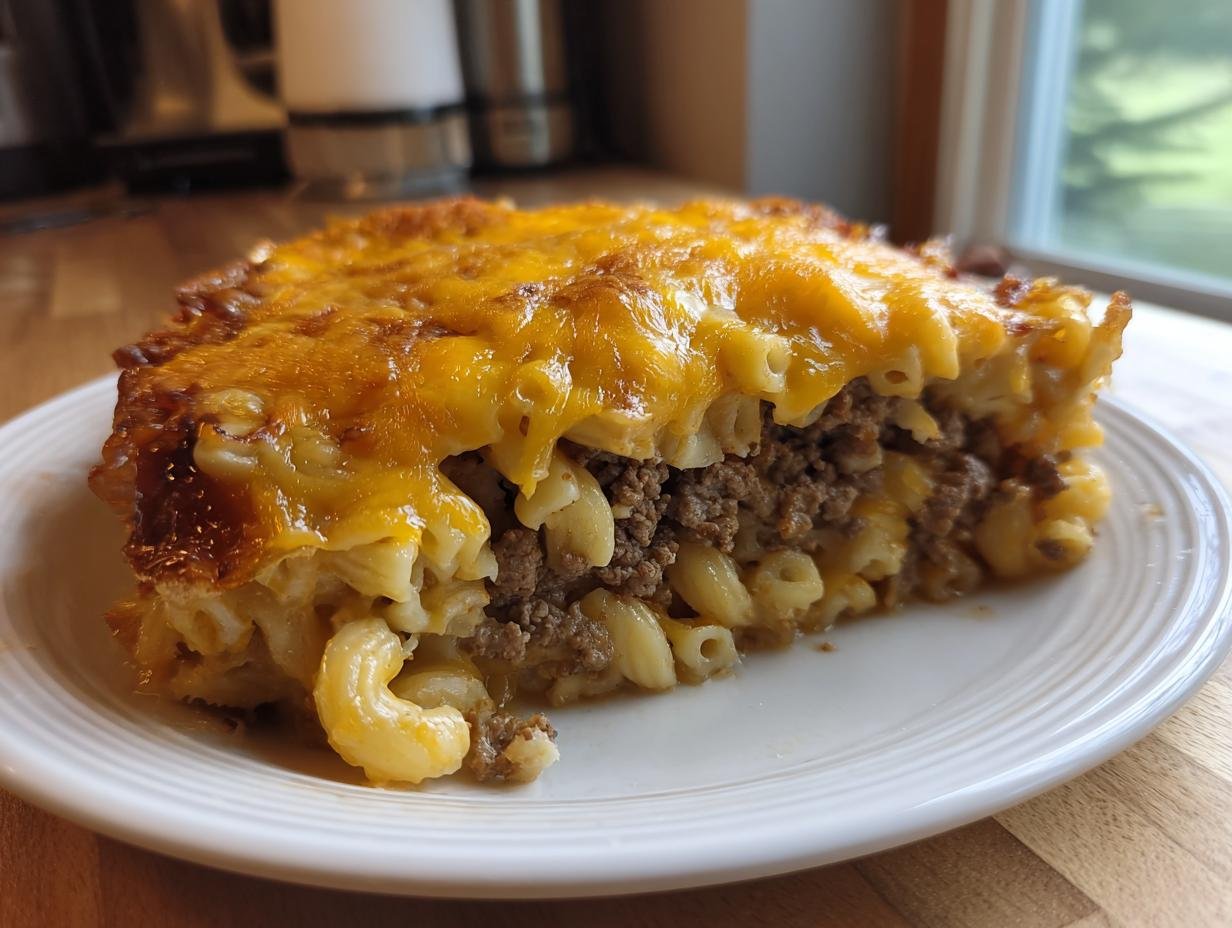 A thick slice of Irresistible Bacon Cheeseburger Casserole Recipe Delight showing layers of elbow macaroni, ground beef, and a bubbly, melted cheddar cheese topping.