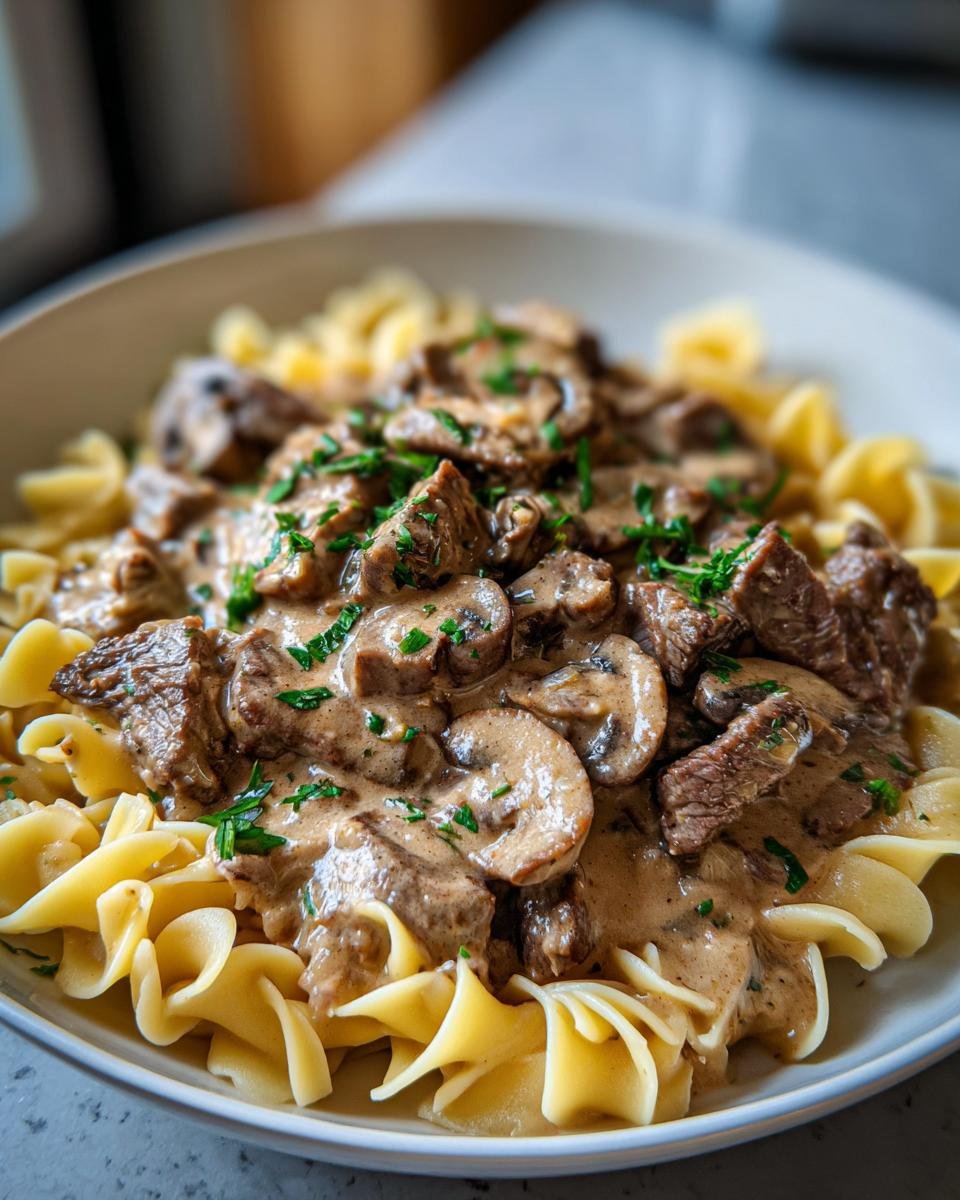 A close-up of Irresistible Beef Stroganoff Recipe served over egg noodles, topped with mushrooms and parsley.