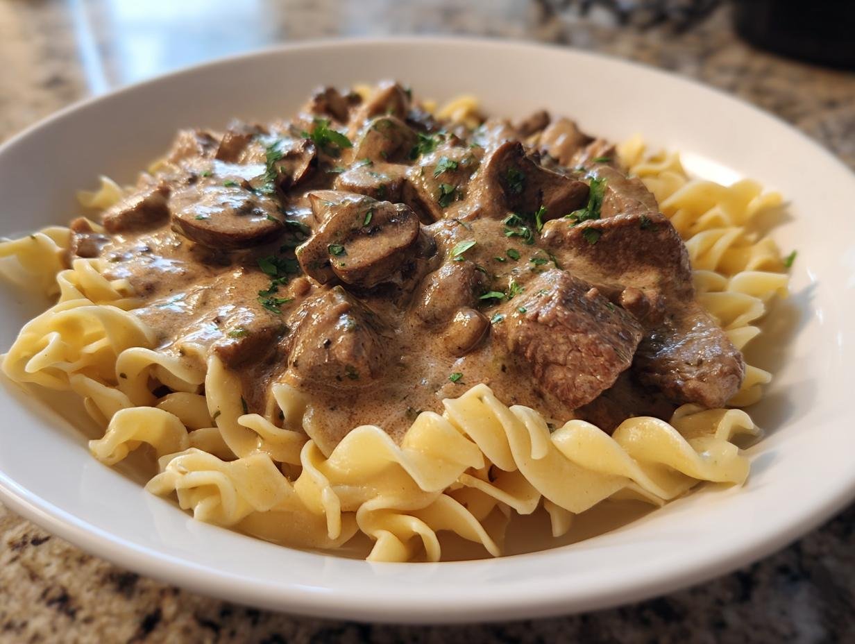 A close-up of Irresistible Beef Stroganoff served over egg noodles, topped with mushrooms and parsley.