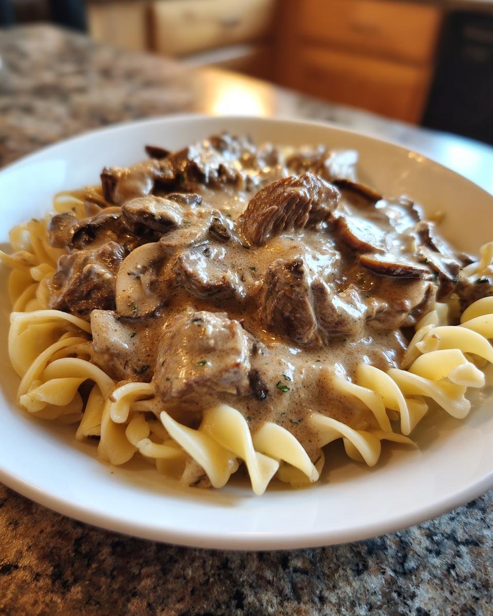 A close-up serving of Irresistible Beef Stroganoff Recipe featuring tender beef and mushrooms in a creamy sauce over egg noodles.