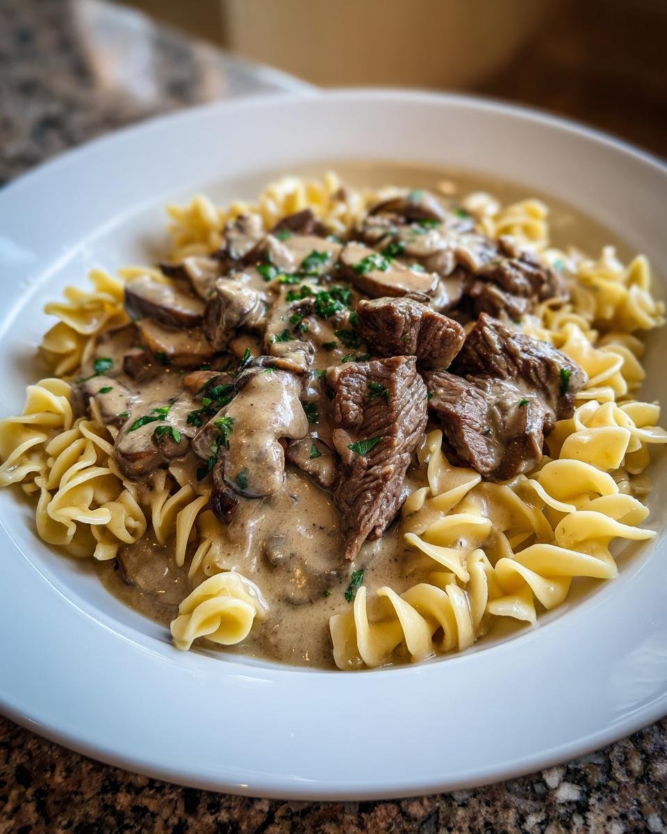 A white bowl filled with Irresistible Beef Stroganoff Recipe served over egg noodles, topped with creamy sauce and parsley.
