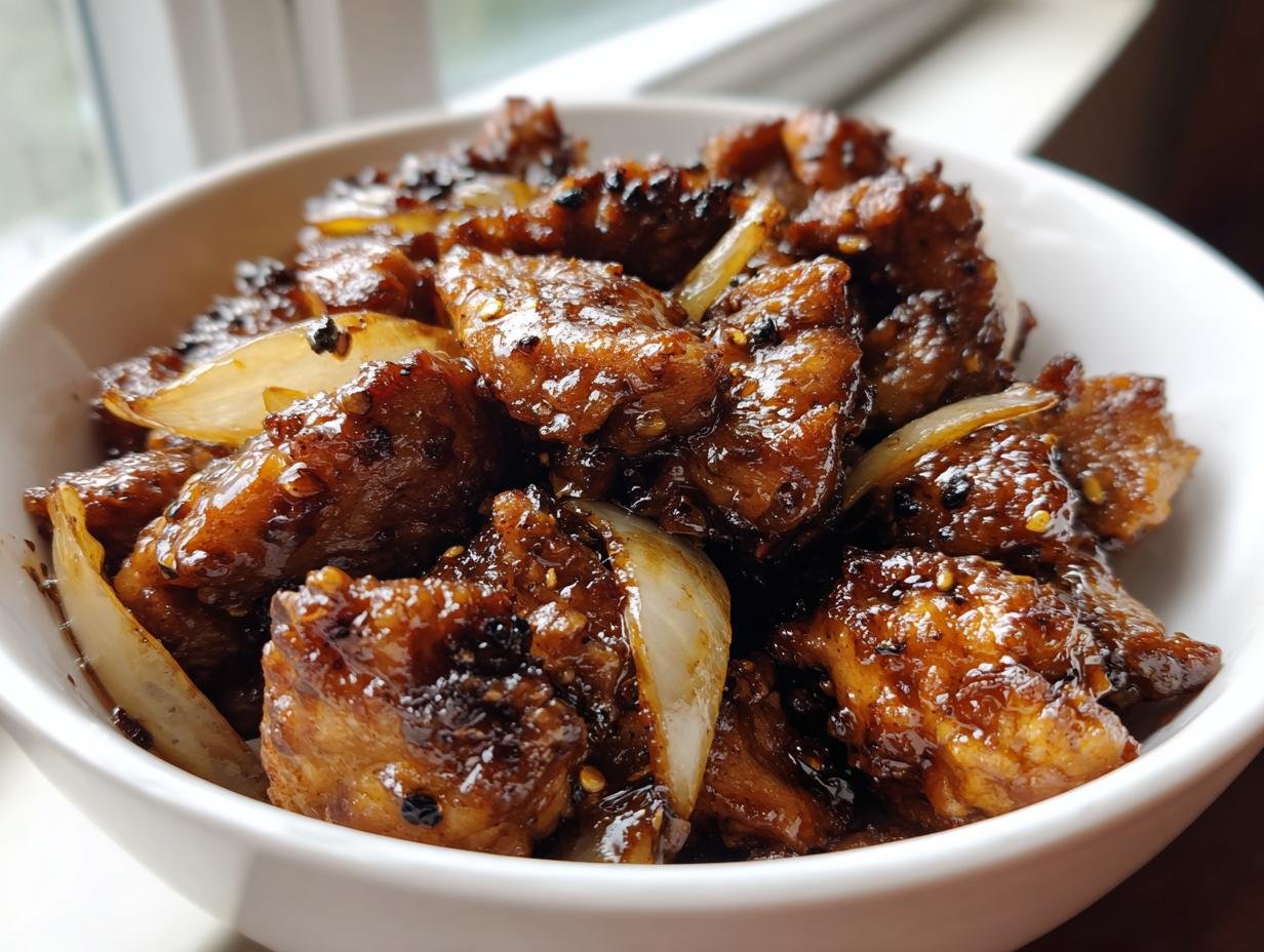 Close-up of Irresistible Black Pepper Chicken pieces coated in a dark, glossy sauce with visible onions.