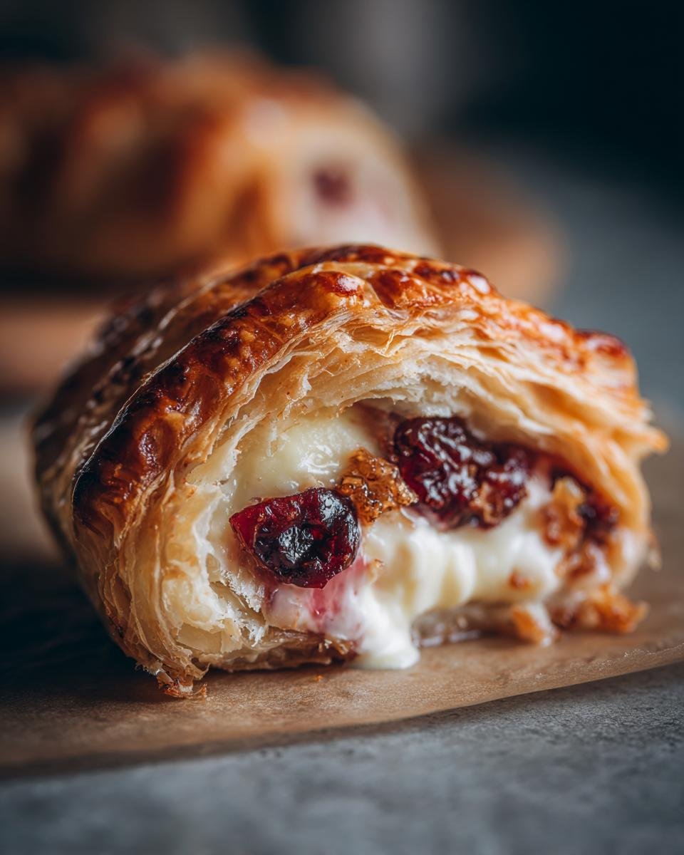 Close-up cross-section of Irresistible Brie En Croute showing melted brie cheese and dark red cranberries inside flaky pastry.