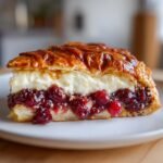 Close-up of a slice of Irresistible Brie En Croute With Cranberries showing flaky pastry, creamy brie, and tart cranberry filling.