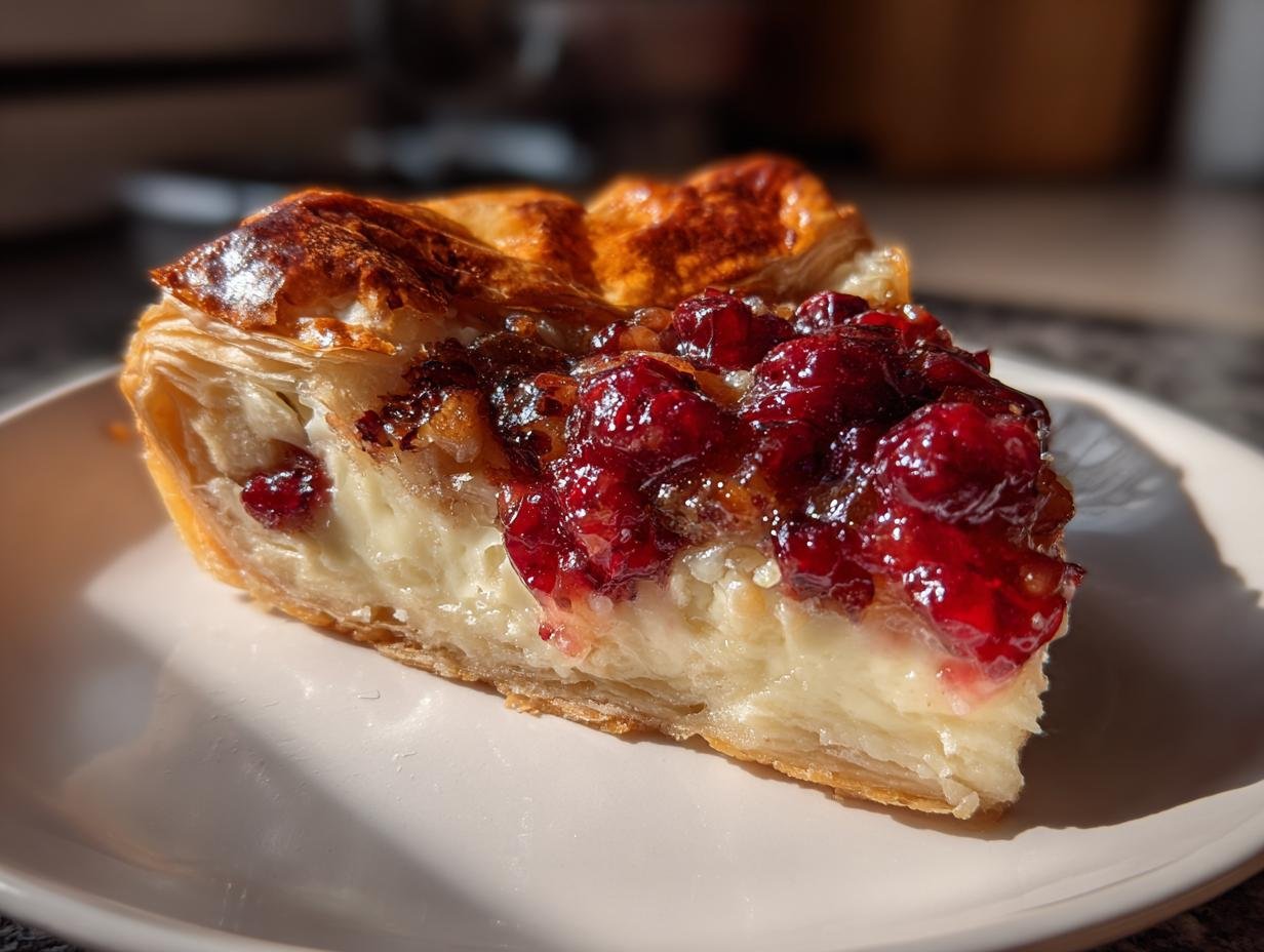 Close-up of a slice of Irresistible Brie En Croute With Cranberries, showing flaky pastry and melted brie topped with glossy red cranberry sauce.